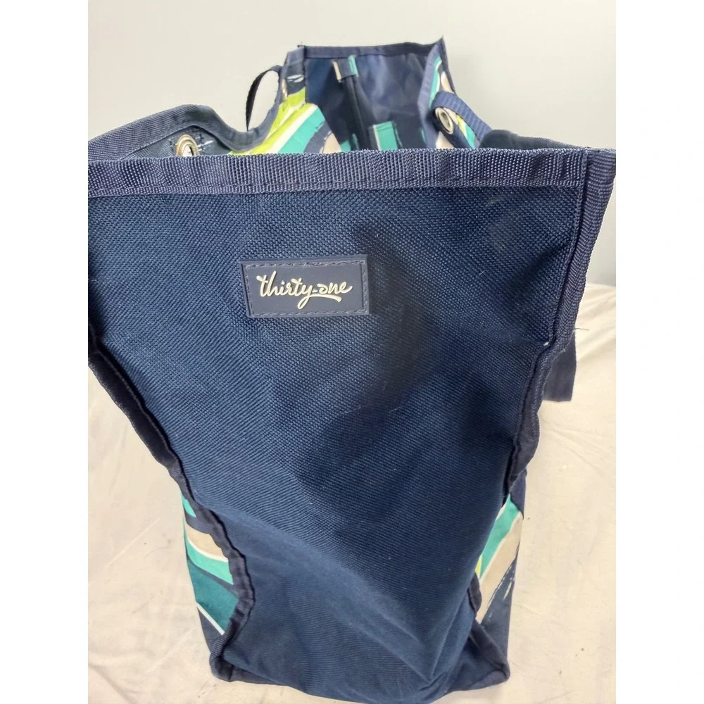Thirty-One Zip-Top Utility Tote Navy Teal Striped Large Travel Beach Bag